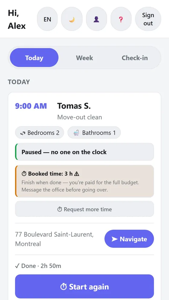 Ken3a Crew app on a phone: a cleaner's day with addresses and times
