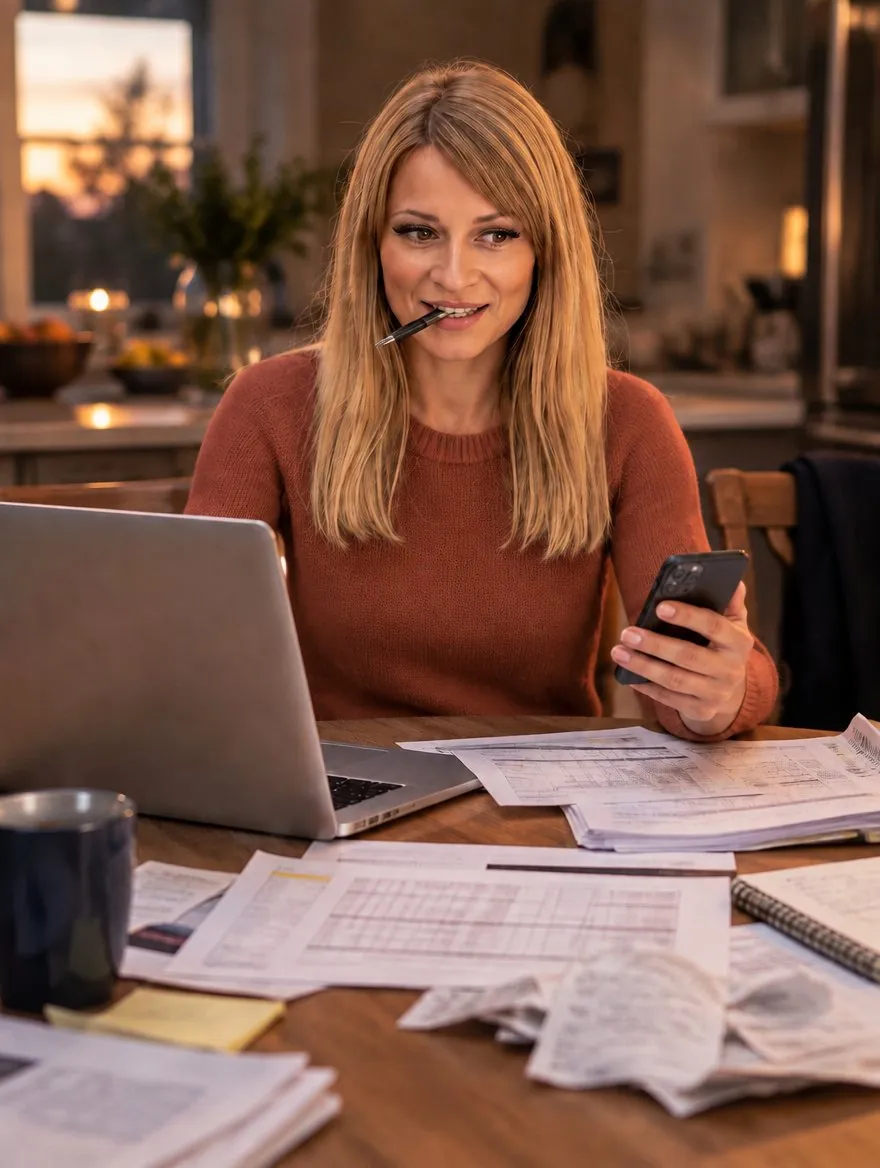 Owner at her kitchen table with invoices at 6:40 pm