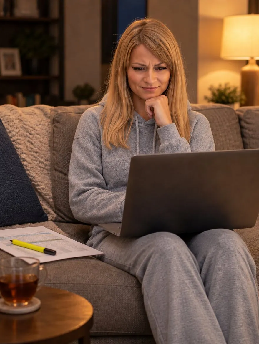 Owner on the couch with a laptop and a spreadsheet at night