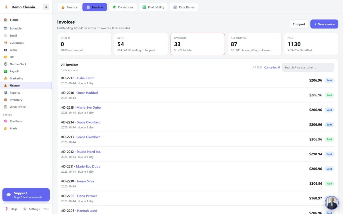 Ken3a invoices list for a cleaning company