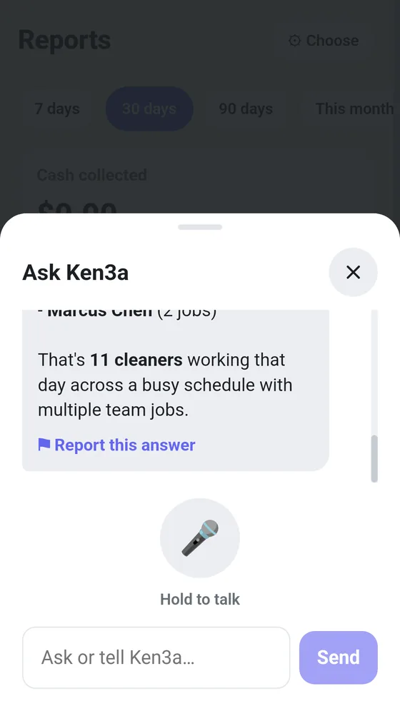 Ask Ken3a in the owner app: a question answered from the business's real schedule
