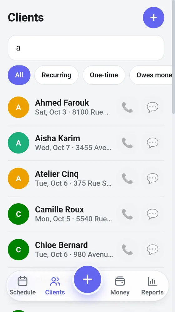 Ken3a owner app: the client list with filters for recurring, one-time and who owes money