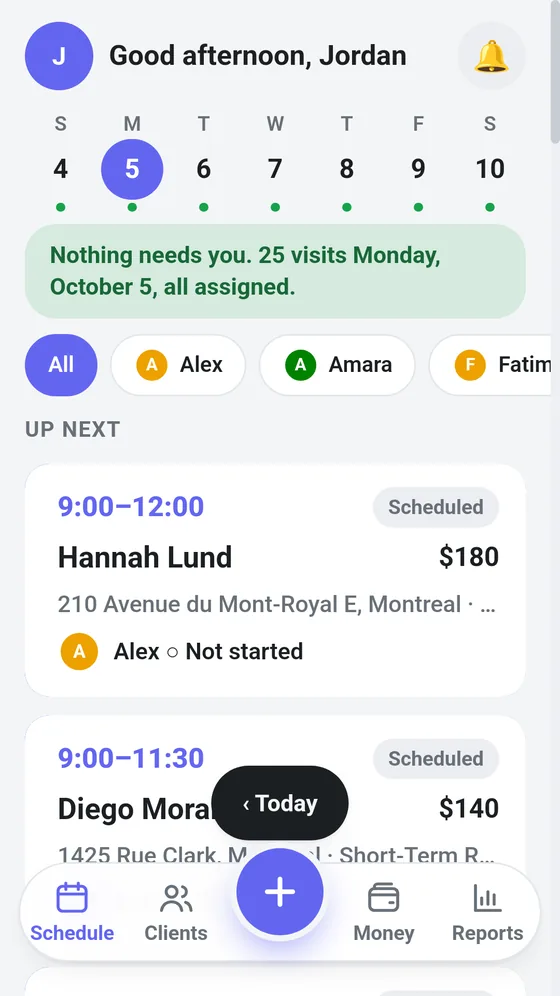Ken3a owner app home: the week, 25 visits all assigned, and the next cleaning visits with prices