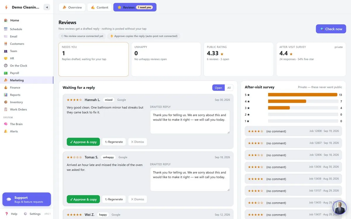 Ken3a reviews screen with drafted replies